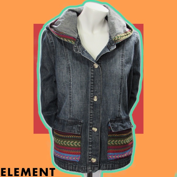 ❤️‍🔥 Element Skateboards Button Down Boho Denim Jacket With Hood - Picture 1 of 8